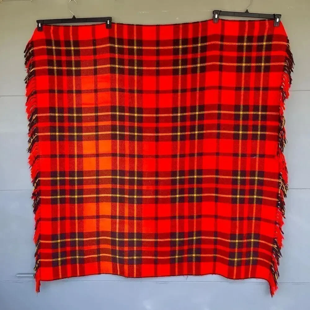 VTG Red Plaid Wool Blend Blanket Throw Fringed 54x54 Camp Picnic Stadium